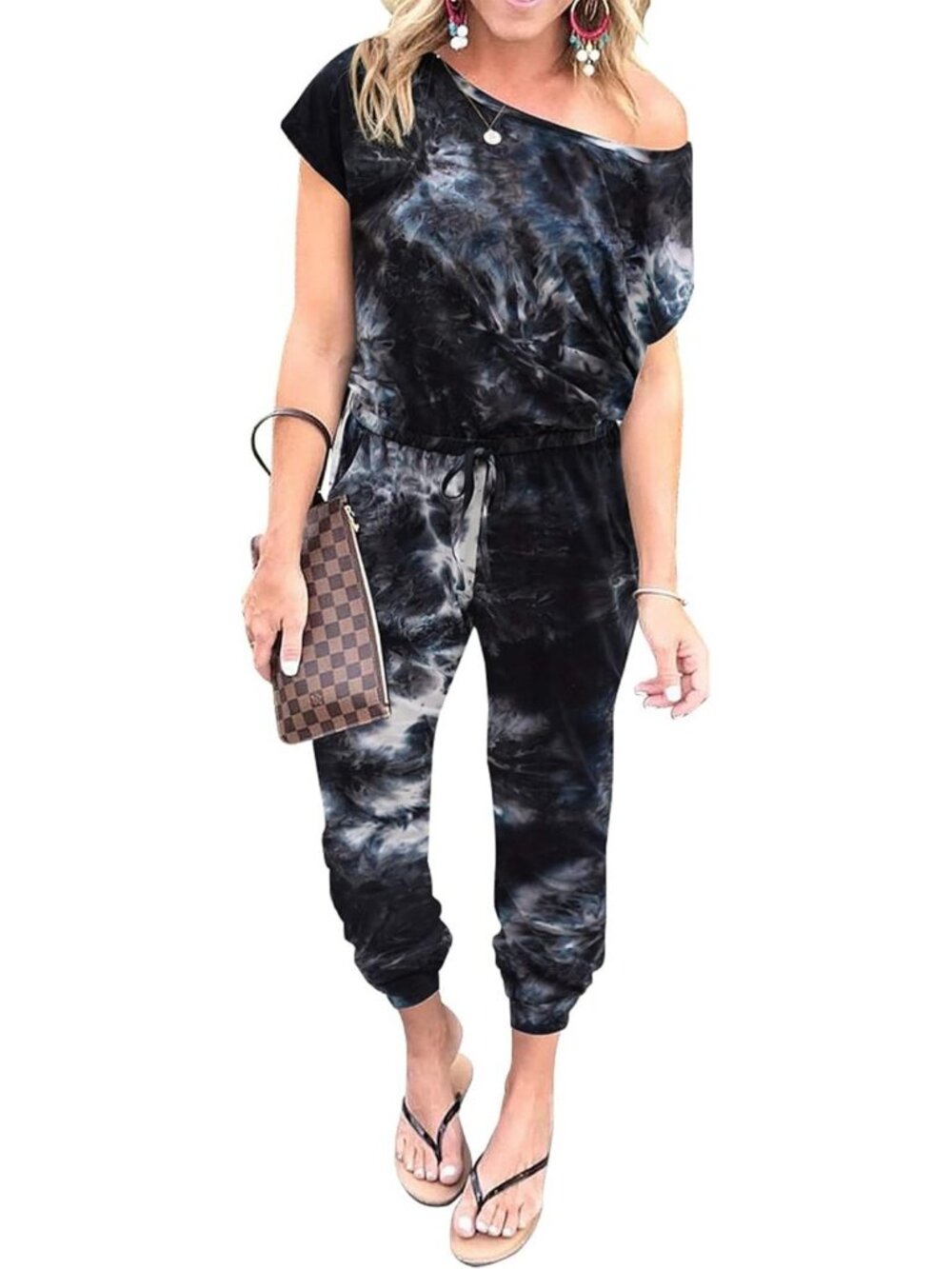 Women's Tie Die Black Summer Dressy Outfits Off The Shoulder Imported Romper